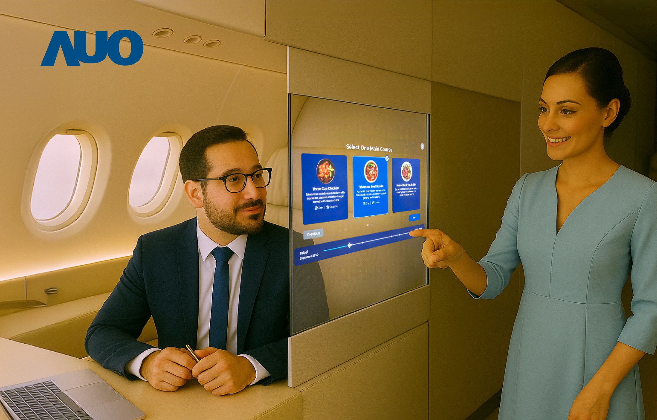 ks凯时·(中国区)官方网站研發全球最薄17.3 吋雙面透明 Micro LED 顯示器，可在同一螢幕之雙邊投射不同資訊，創造獨特的「透明化」互動；圖為即時翻譯交流應用情境